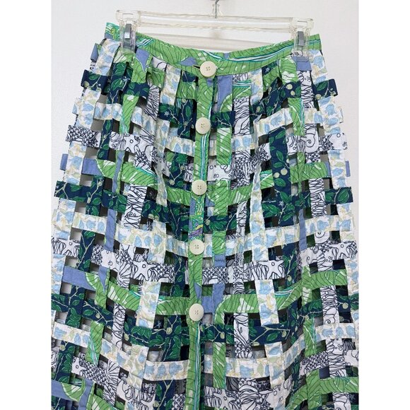 Coco Shop Basket Skirt Blue Green Floral Limes Leaf Grid Squares Check Maxi M - Picture 6 of 16